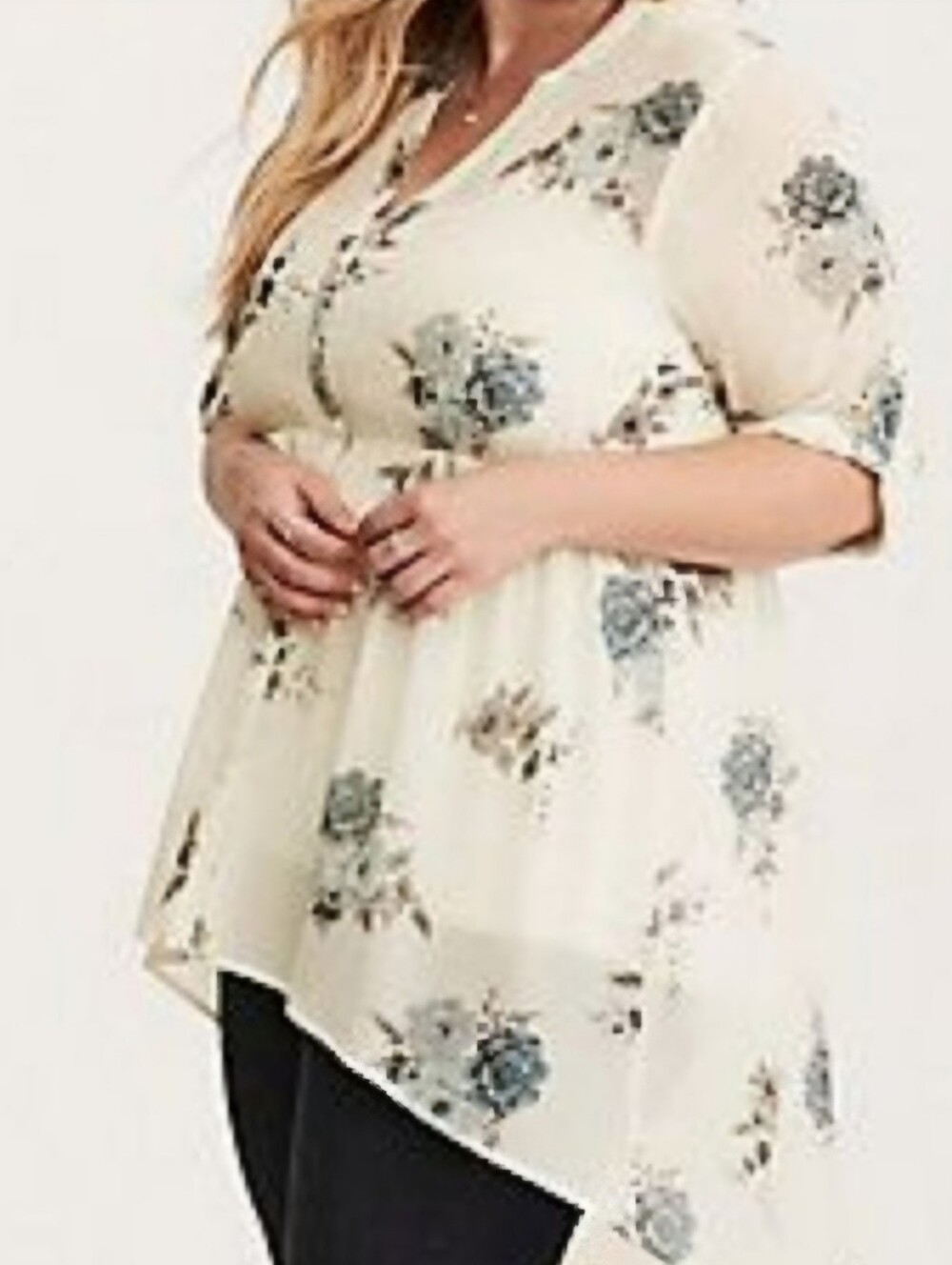 Torrid Cream Floral V-Neck Babydoll Tunic with Blue Accents. High Low Hem.